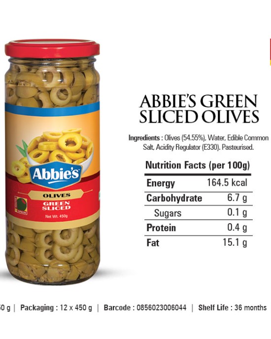 Abbies Green Sliced Olives 450gm